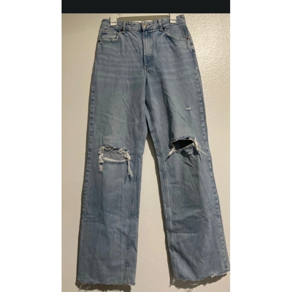 Zara Women's Blue Distressed Straight Leg Denim Jeans 5-Pocket Size 6